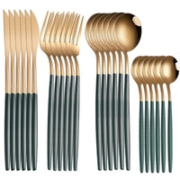 24 pçs conjunto de louça cor ouro com preto em aço inoxidável com faca, garfo, colher de café e colher normal