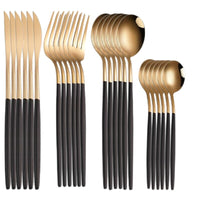 24 pçs conjunto de louça cor ouro com preto em aço inoxidável com faca, garfo, colher de café e colher normal