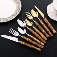 Exclusivo Conjunto de talheres de bambu 24 peças aço inoxidável