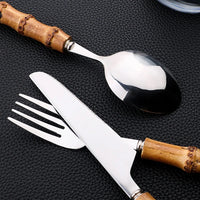 Exclusivo Conjunto de talheres de bambu 24 peças aço inoxidável
