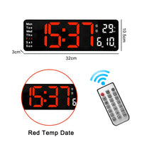 Relógio de parede digital com adaptador de controle remoto, exibição de hora, data, semana com despertador