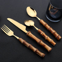 Exclusivo Conjunto de talheres de bambu 24 peças aço inoxidável
