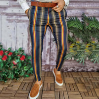 Calças xadrez casual com zíper elástico na cintura
