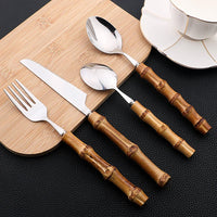 Exclusivo Conjunto de talheres de bambu 24 peças aço inoxidável