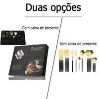 Lindo Conjunto de talheres dourados com cabo preto de 24 peças, aço inoxidável, faca, garfo, colher, talheres.