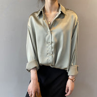 Moda Outono Camisa de Seda de Cetim com Botões Vintage