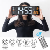Relógio de parede digital com adaptador de controle remoto, exibição de hora, data, semana com despertador