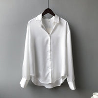 Moda Outono Camisa de Seda de Cetim com Botões Vintage