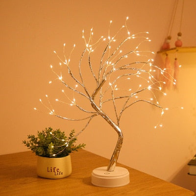 Mini árvore com Luz noturna led com fio de cobre guirlanda lâmpada com decoração luz de fadas