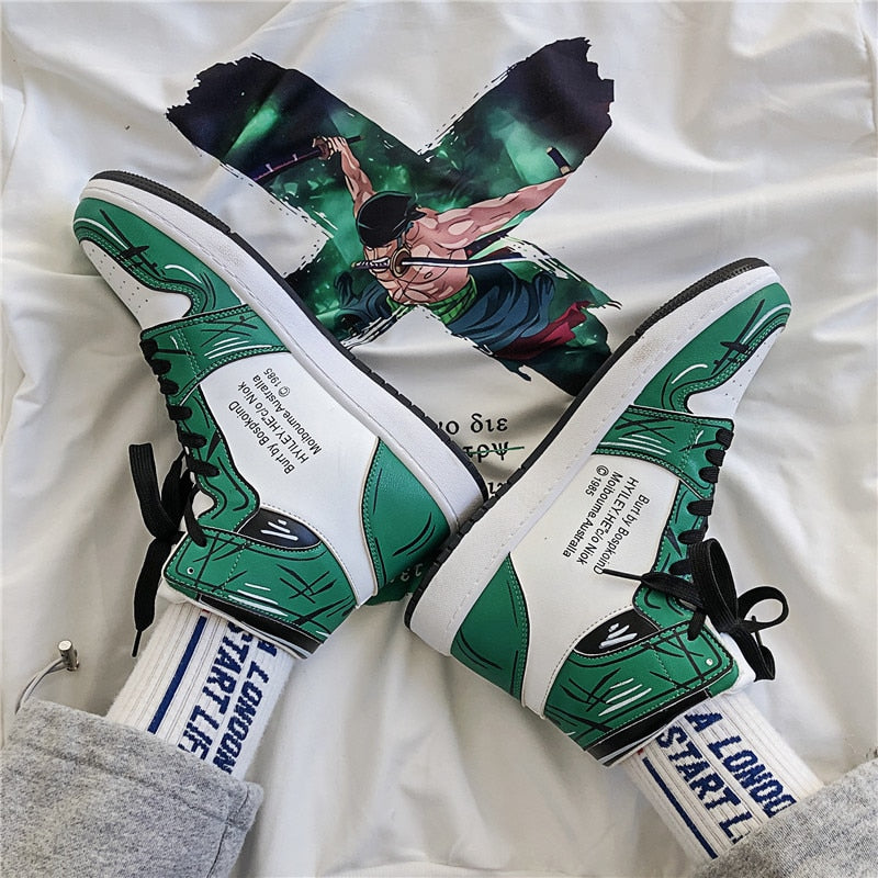 Tênis de skate alto masculino, vulcanizado, sapatilha animada de couro verde
