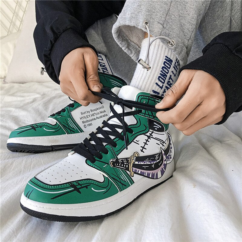 Tênis de skate alto masculino, vulcanizado, sapatilha animada de couro verde