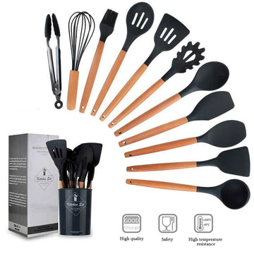 Conjunto com 12PCS Silicone Utensílios de Cozinha Antiaderentes Espátula Pá Batedores de Ovos com Cabo de Madeira