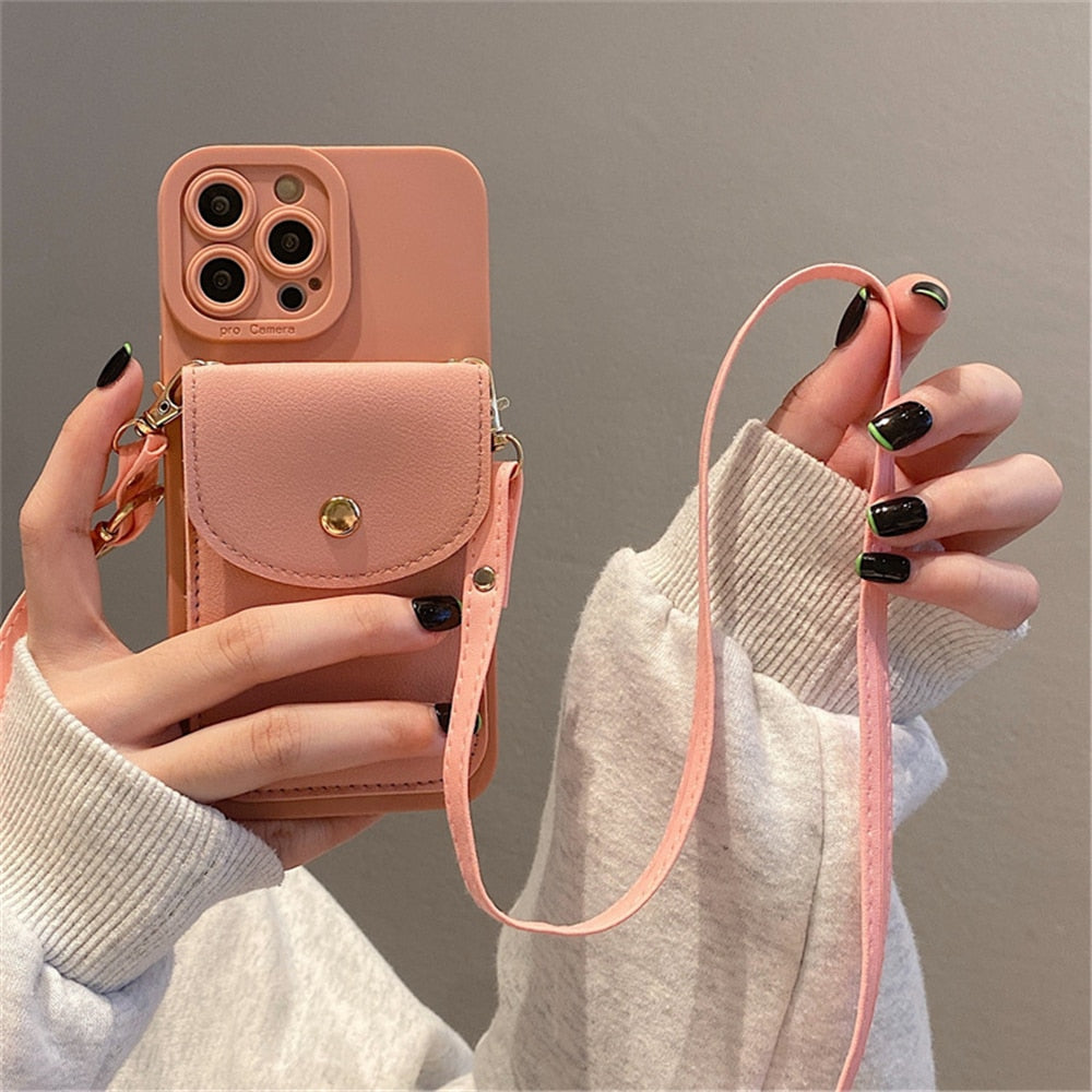 Capa de telefone carteira tiracolo de couro tira para iPhone de luxo