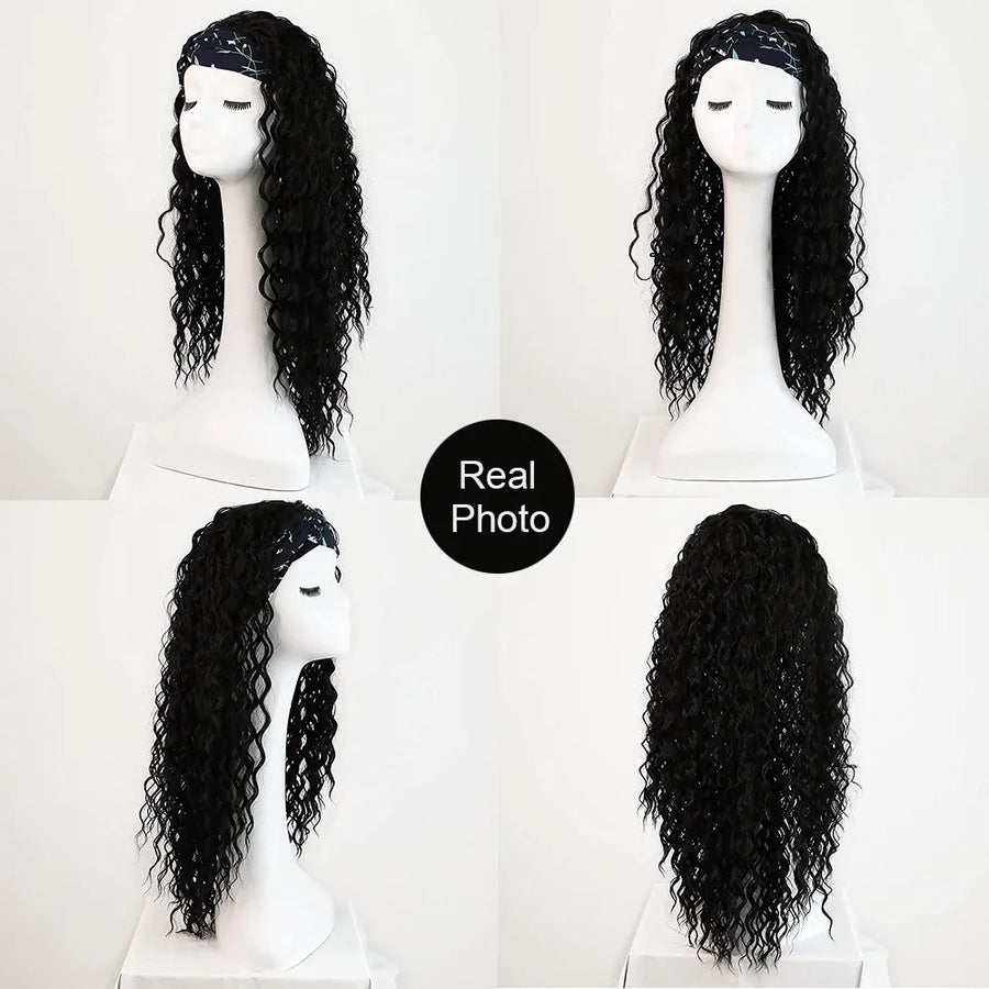 Peruca Sintética Cacheada com Faixa de Cabelo Longa e Natural  –  Afro Ondas Profundas