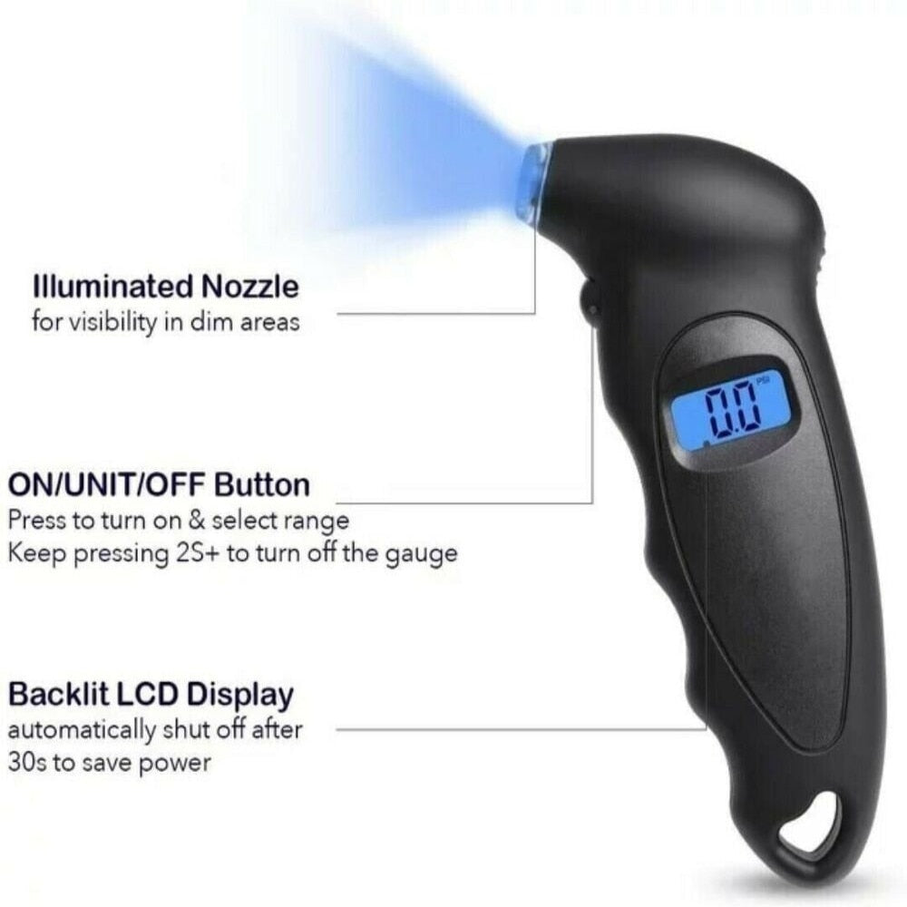 Ferramenta de teste de medidor de pressão de ar de pneu LCD digital portátil para carro, moto, bicicleta.