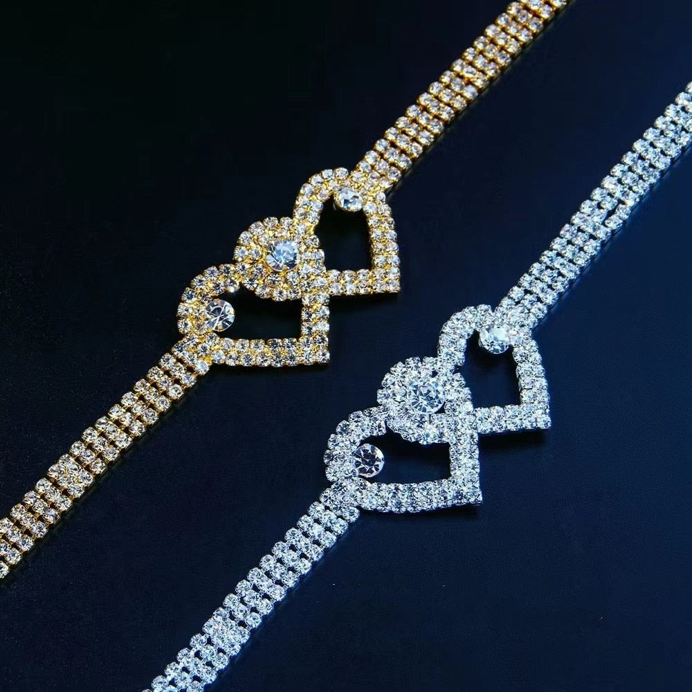 Tornozeleira Feminina Cor Prata Strass Duplo Coração