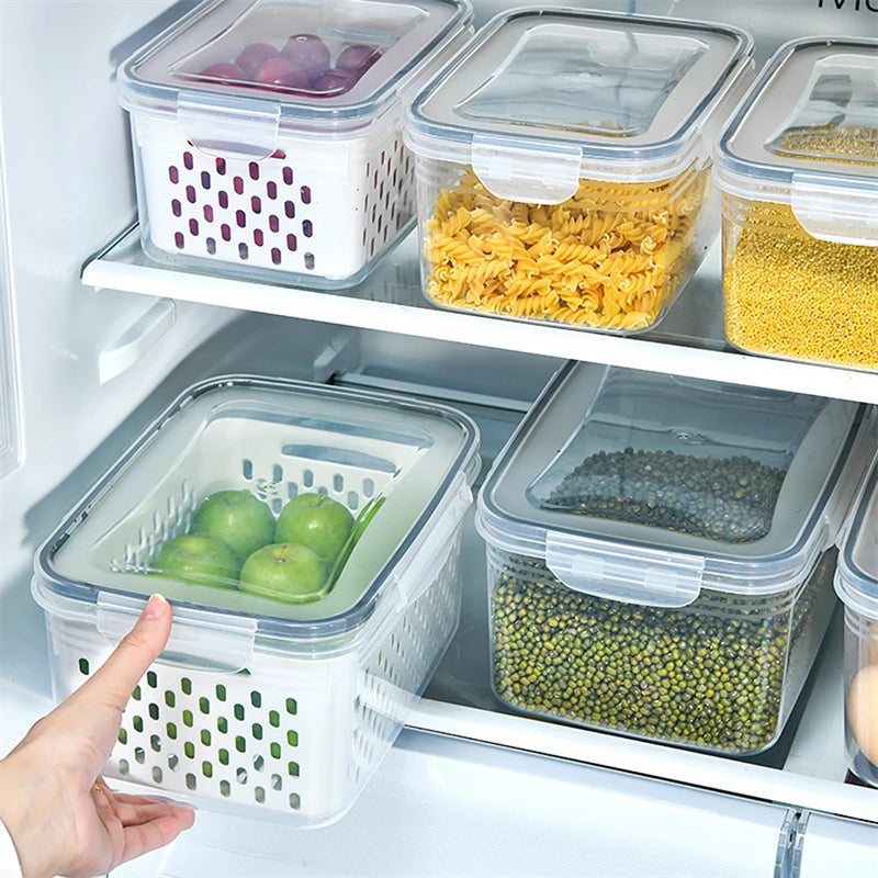 KIT COM 3 POTES - Organizador de geladeira Caixas de frutas e vegetais frescos com Cesta de drenagem