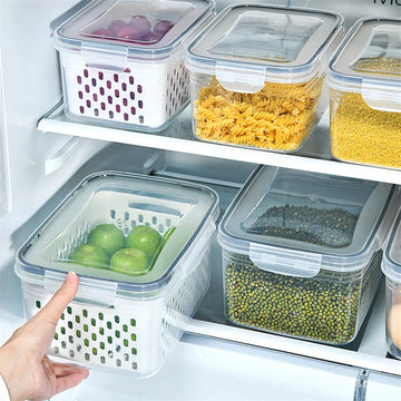 KIT COM 3 POTES - Organizador de geladeira Caixas de frutas e vegetais frescos com Cesta de drenagem