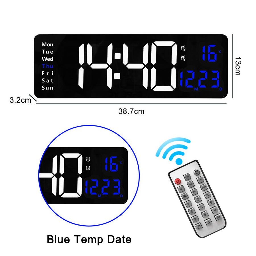Relógio de parede digital com adaptador de controle remoto, exibição de hora, data, semana com despertador