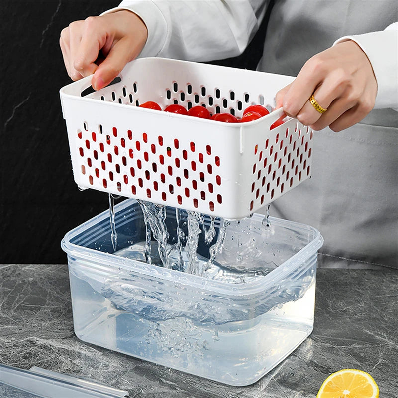 KIT COM 3 POTES - Organizador de geladeira Caixas de frutas e vegetais frescos com Cesta de drenagem