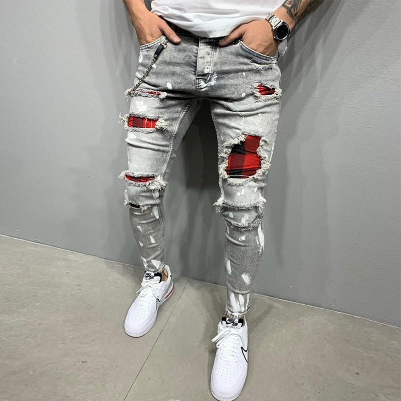 Linda calça jeans skin rasgado preto e cinza