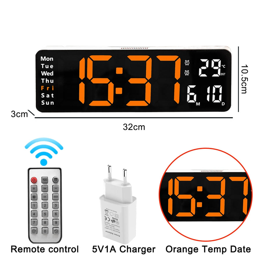 Relógio de parede digital com adaptador de controle remoto, exibição de hora, data, semana com despertador