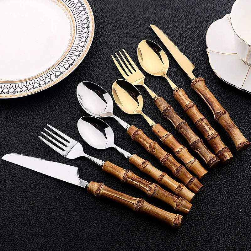 Exclusivo Conjunto de talheres de bambu 24 peças aço inoxidável