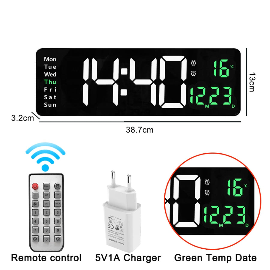 Relógio de parede digital com adaptador de controle remoto, exibição de hora, data, semana com despertador