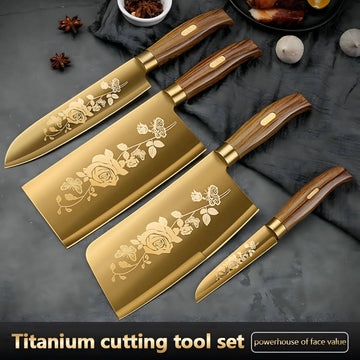 Conjunto com 4 Pcs Faca de cozinha de luxo dourada Seiko lâmina de aço inoxidável com titânio banhado a ouro