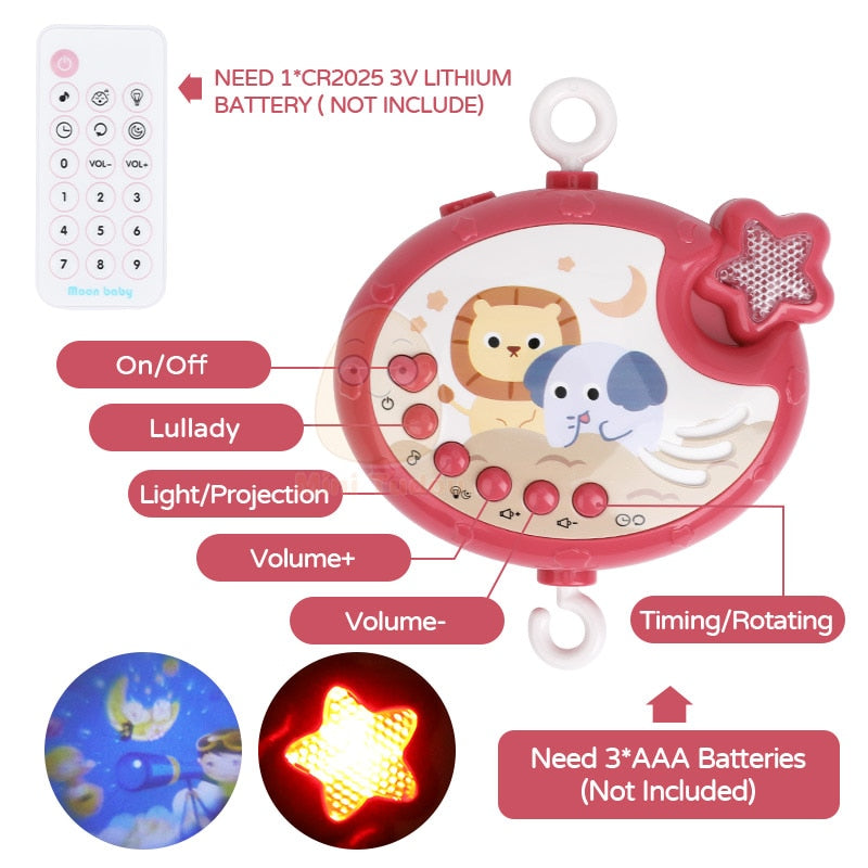 Brinquedo chocalho móvel para berço de bebê de 0 a 12 meses, projetor musical rotativo, luz noturna, cama, sino, educacional.