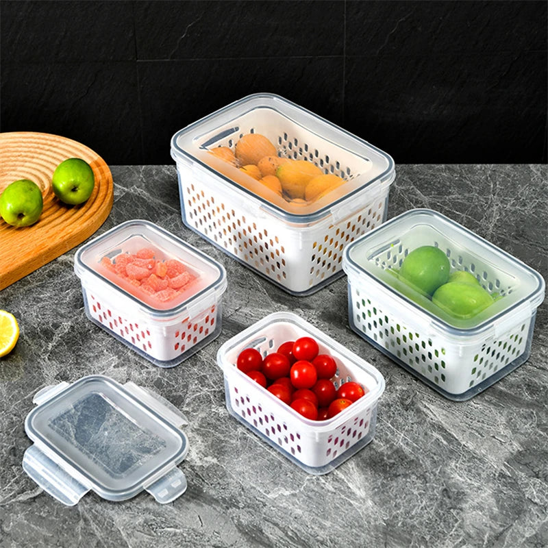 KIT COM 3 POTES - Organizador de geladeira Caixas de frutas e vegetais frescos com Cesta de drenagem