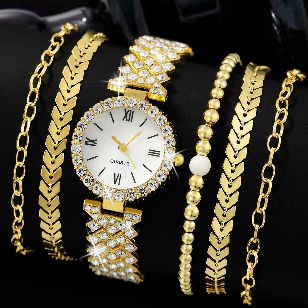 6 peças delicadas  relógio de quartzo com strass com conjunto de joias