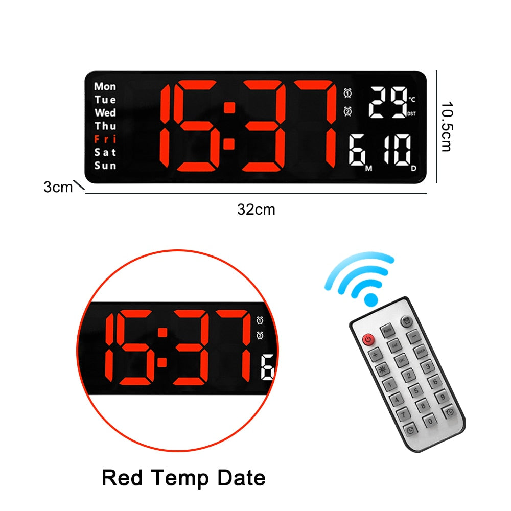 Relógio de parede digital com adaptador de controle remoto, exibição de hora, data, semana com despertador