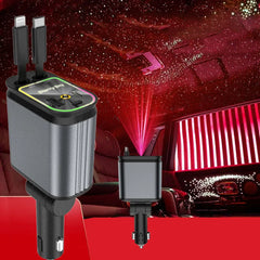 Carregador de carro 4 em 1, cabo retrátil, Iluminador de teto automático, Starlight, carregamento rápido para iPhone, Huawei, Samsung