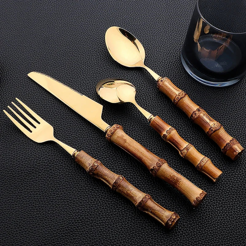 Exclusivo Conjunto de talheres de bambu 24 peças aço inoxidável