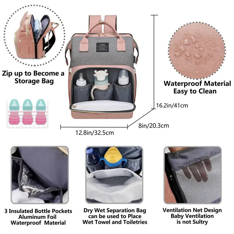 Bolsas de fraldas e Mini berço para mamãe bebê mochila trocador de sombra rede mosquiteira carregamento USB carrinho de bebê bolso para pendurar brinquedos grátis