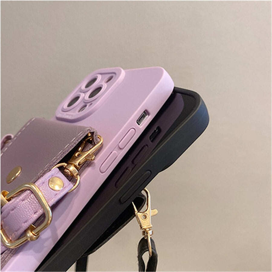 Capa de telefone carteira tiracolo de couro tira para iPhone de luxo