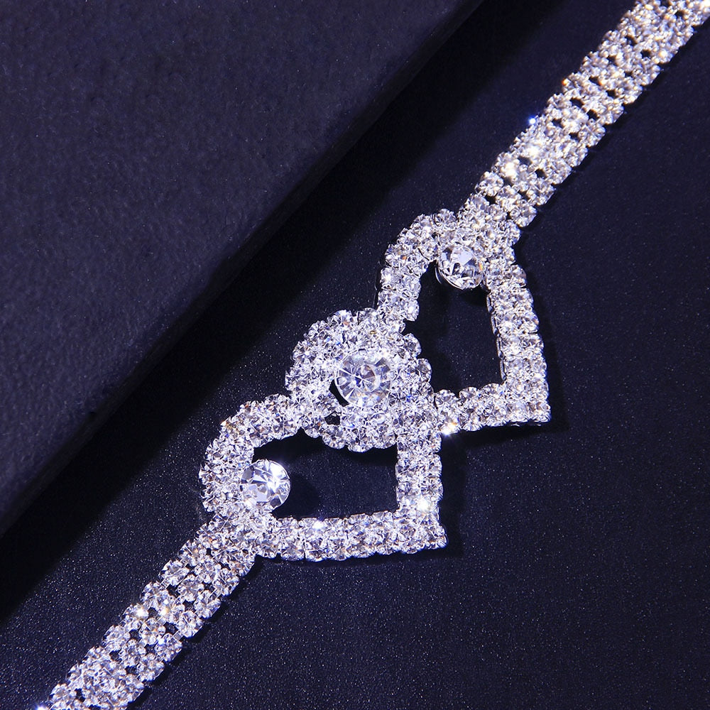 Tornozeleira Feminina Cor Prata Strass Duplo Coração