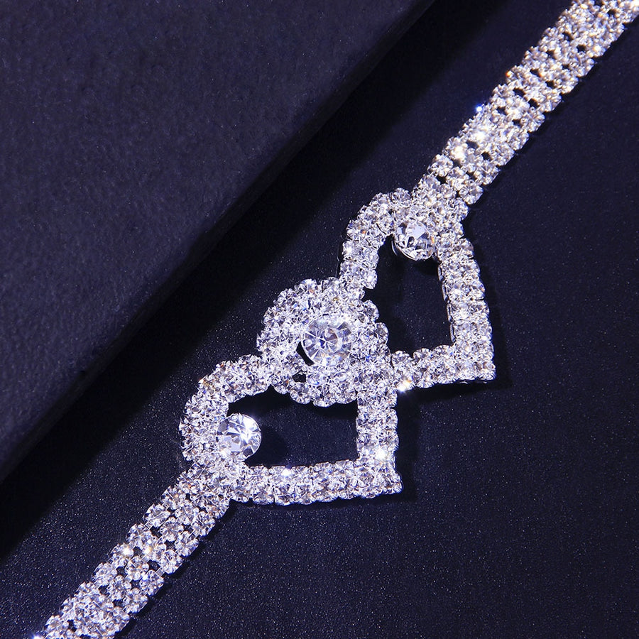 Tornozeleira Feminina Cor Prata Strass Duplo Coração