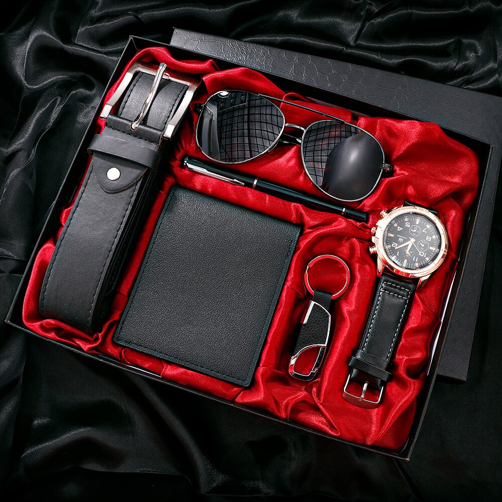 Relógio empresarial de luxo Conjunto masculino 6 em 1 Relógio Óculos Caneta Chaveiro Cinto Bolsa