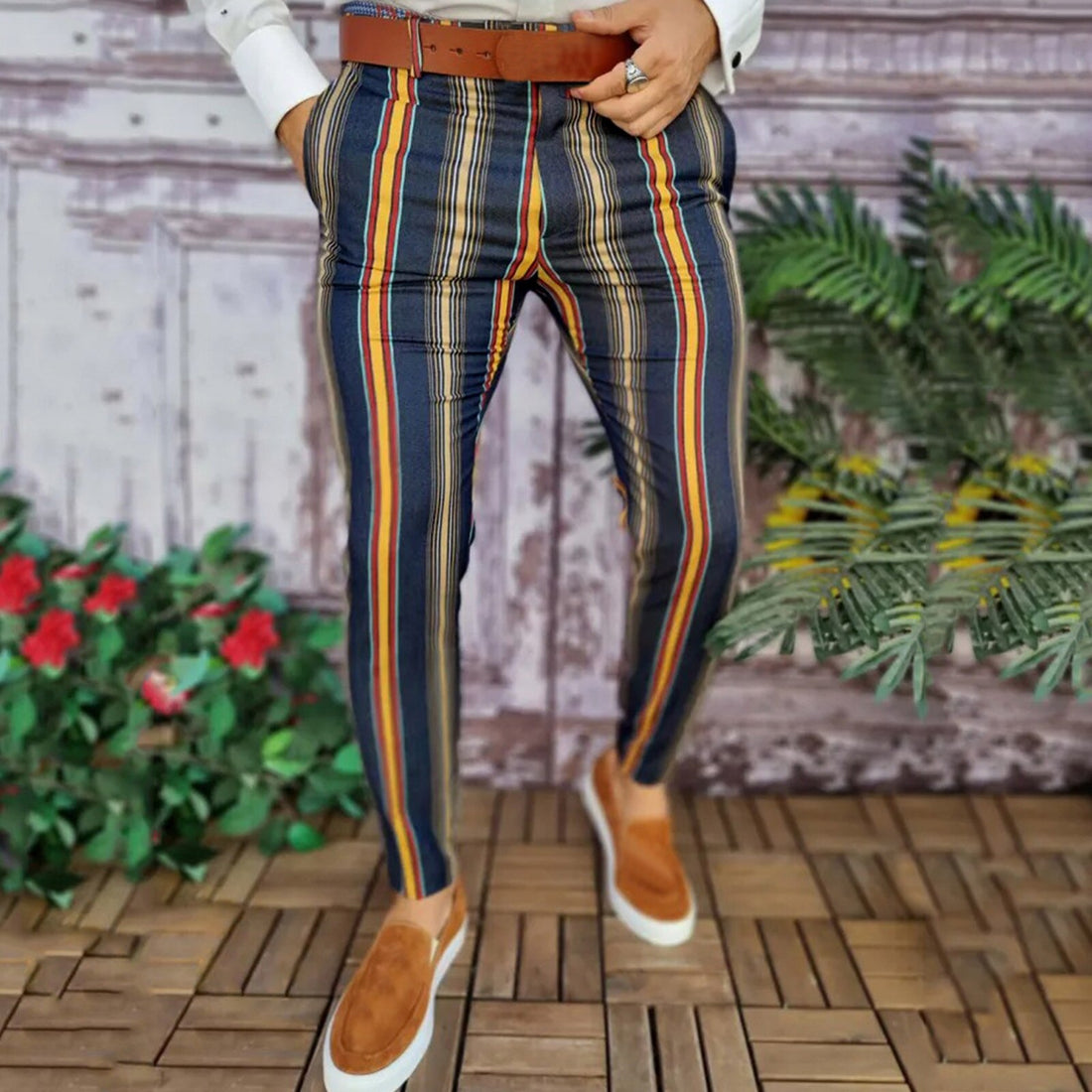 Calças xadrez casual com zíper elástico na cintura