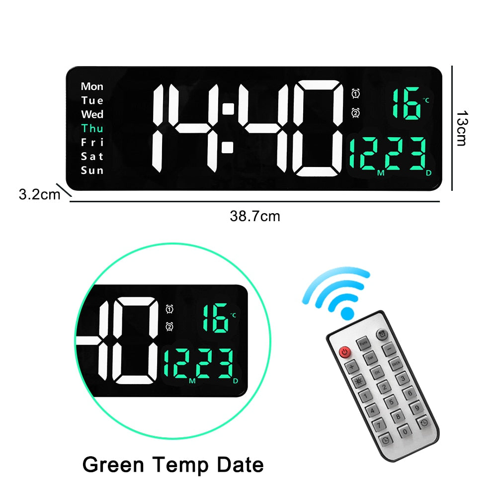 Relógio de parede digital com adaptador de controle remoto, exibição de hora, data, semana com despertador