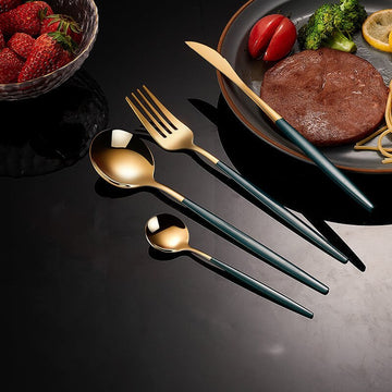 24 pçs conjunto de louça cor ouro com preto em aço inoxidável com faca, garfo, colher de café e colher normal