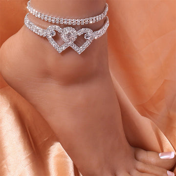 Tornozeleira Feminina Cor Prata Strass Duplo Coração