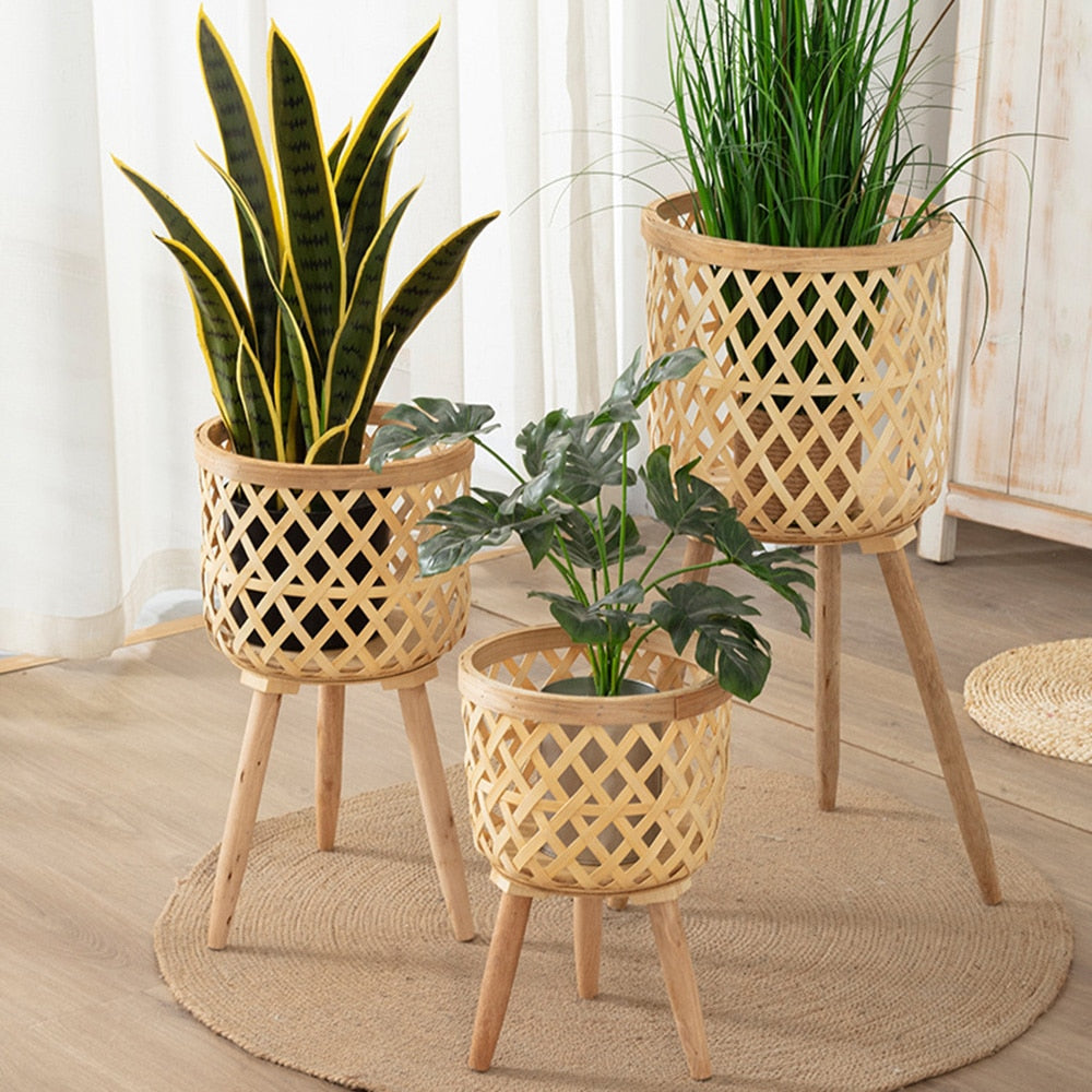 Conjunto com 3 Vasos Feito à mão de  bambu de flores com suporte pra planta e  decoração para casa