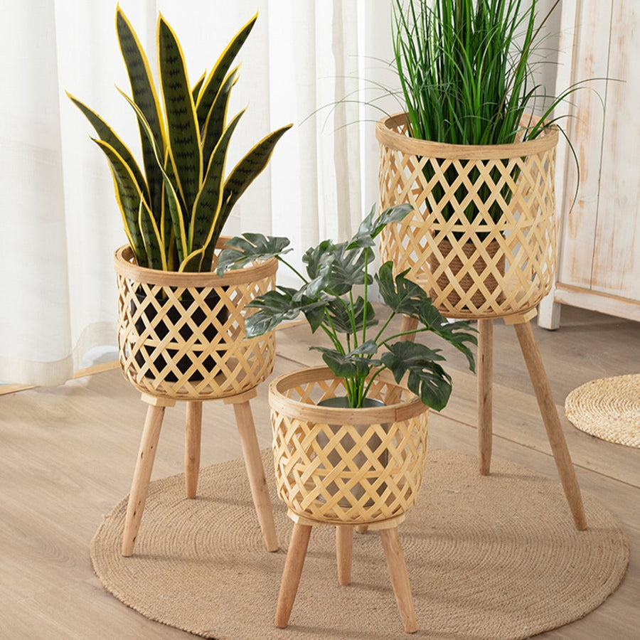 Conjunto com 3 Vasos Feito à mão de  bambu de flores com suporte pra planta e  decoração para casa