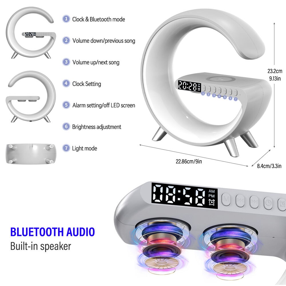 Caixa de som, Carregador e despertador inteligente em Led com auto falante e bluetooth