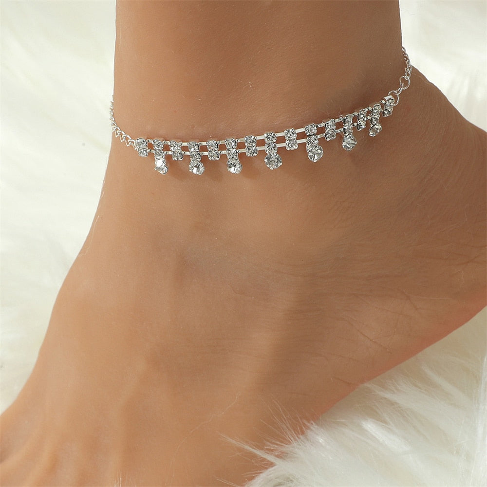 Tornozeleira Feminina Cor Prata Strass Duplo Coração