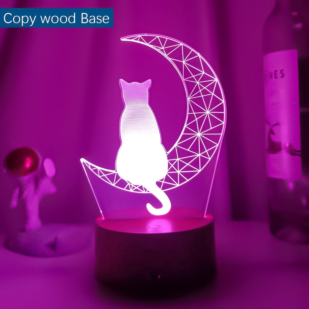 Mais recente luz noturna acrílica 3D led lua e gato