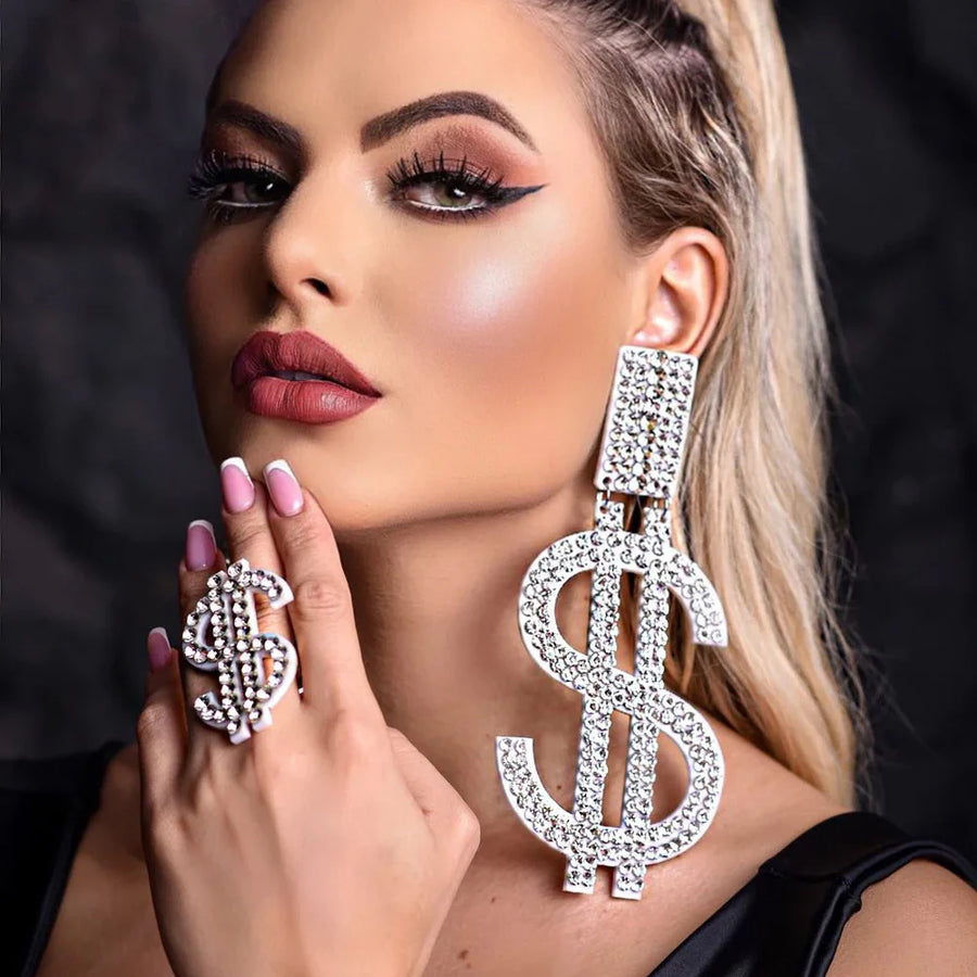 Elegant Large Crystal Exaggerated Dollar Earrings Party Accessories Statement Lady Money Rhinestone Dangle Earrings Jewelry Gift